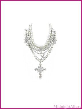 Layered Faux Pearl Gothic Cross Necklace Women Multistrand